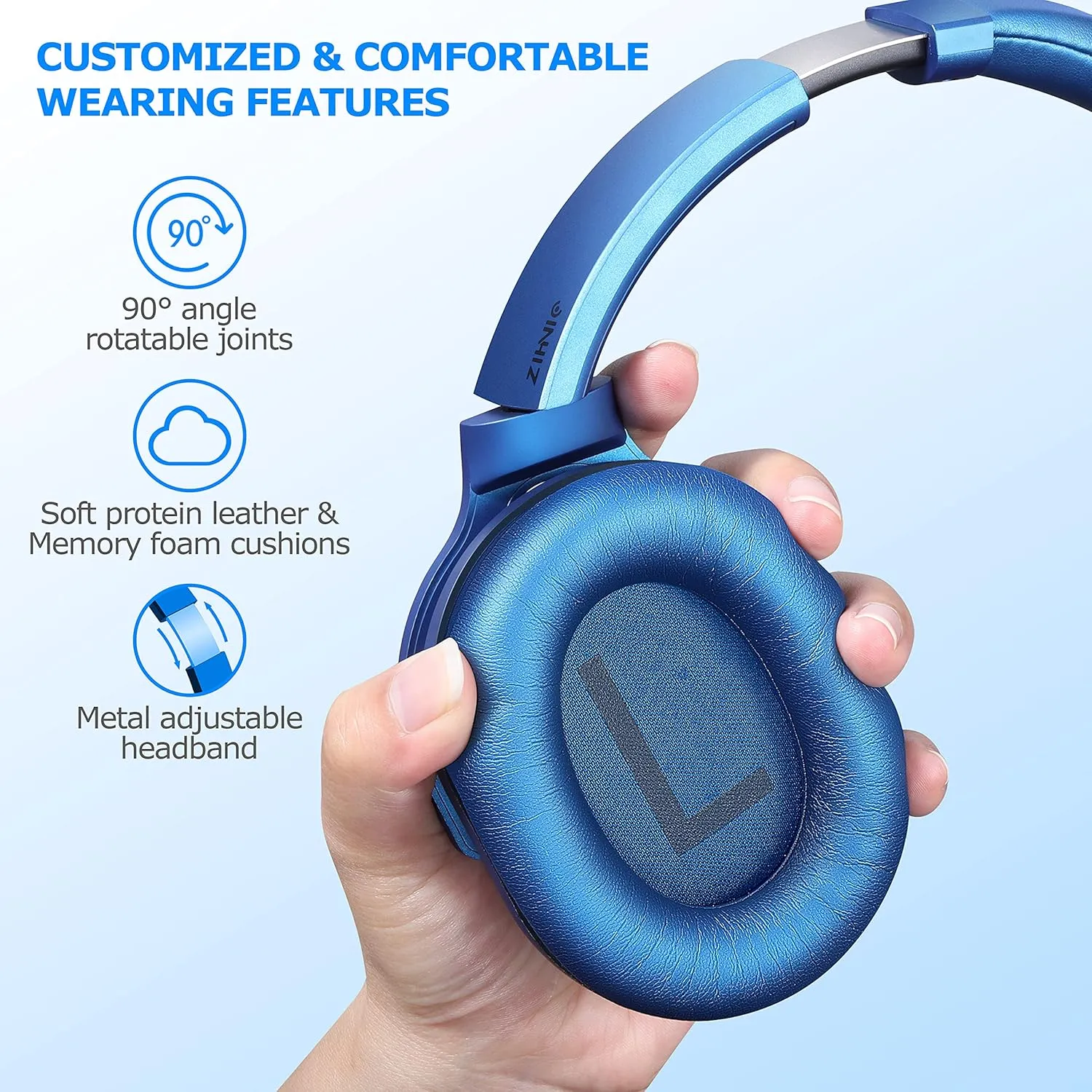 ZIHNIC Active Noise Cancelling Headphones, 40H Playtime Wireless Bluetooth Headset with Deep Bass Hi-Fi Stereo Sound,Over-Ear Headphone,Comfortable Earpads for Travel/Home/Office (Blue)